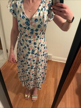 NWT Draper James White Midi Wrap Dress with Blue & Pink Floral Print